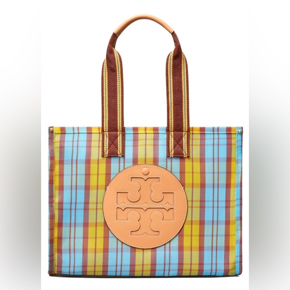 Tory Burch Handbags - Tory Burch Yellow / Blue Mercado Plaid Ella Mesh Tote Bag